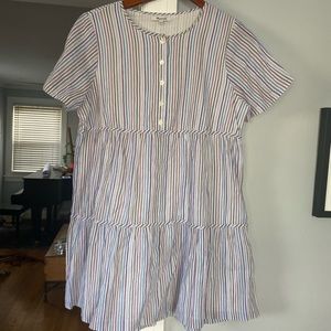 Madewell L striped crew neck button front tiered mini dress, rainbow stripe